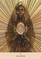 Artistic depiction of a person with a gold headscarf and radiant gold design, labeled 'GOLDEN'.