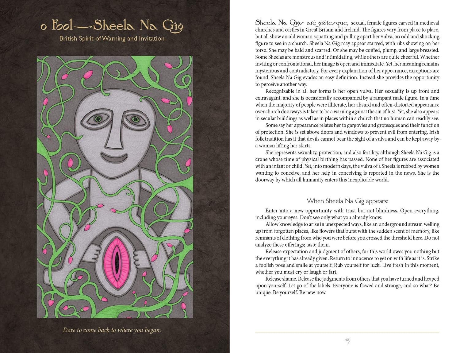 Illustration of a female figure with green and pink details on a dark background, accompanied by text.