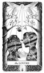 Tarot card illustration of 'The Lovers' with two silhouetted figures and a dove.