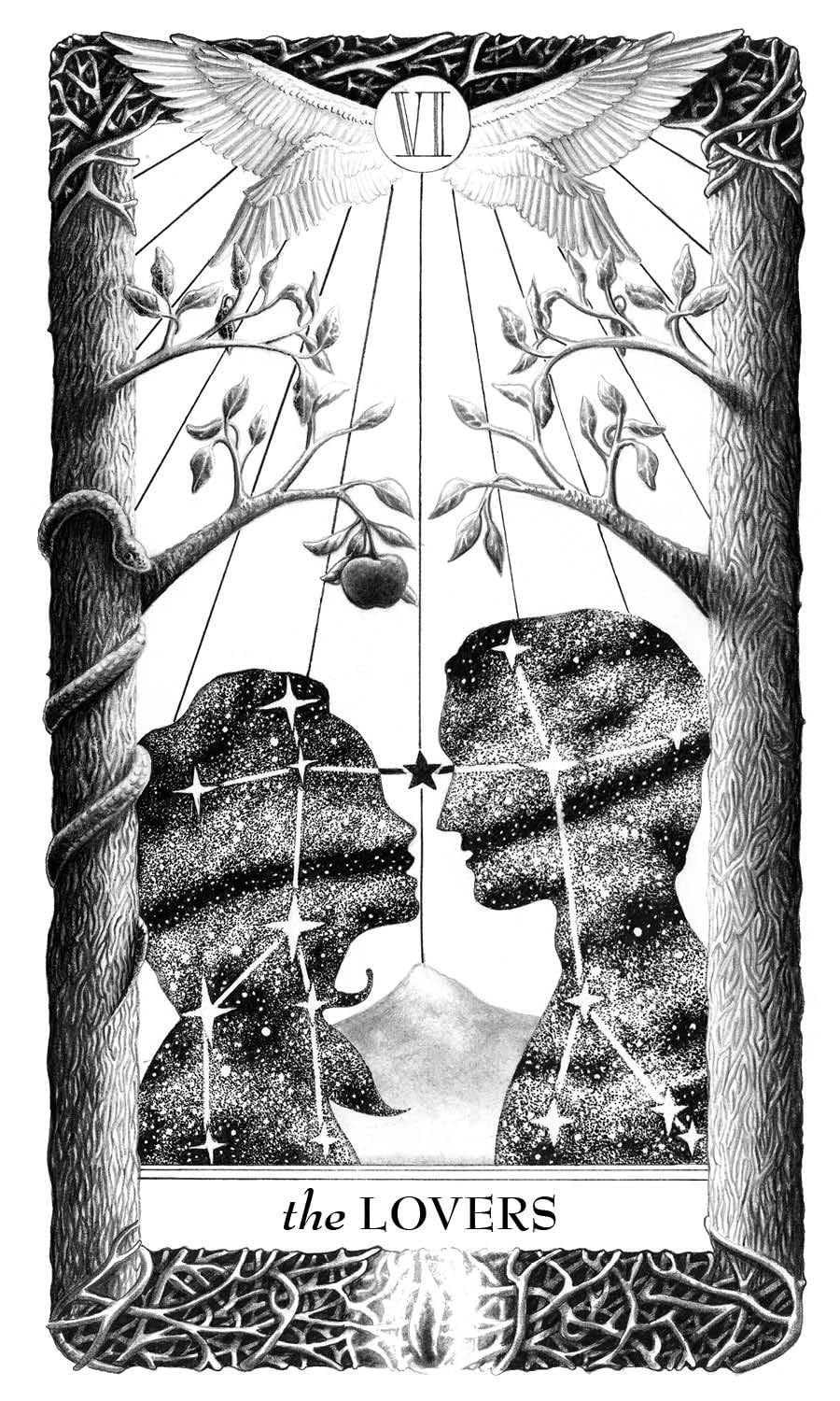 Tarot card illustration of 'The Lovers' with two silhouetted figures and a dove.