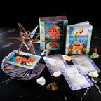 Intuition Oracle cards with star-shaped stand and crystals on a dark surface