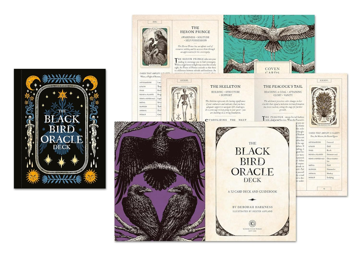 The Black Bird Oracle Deck and its contents are displayed on a clean white background, including the black cover with gold and blue illustrations, the purple cover with black bird artwork, the cream booklet insert, and the teal card insert.