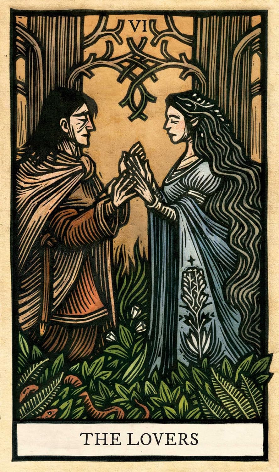 Tarot card titled 'The Lovers' featuring a man and woman holding hands in a forest setting.