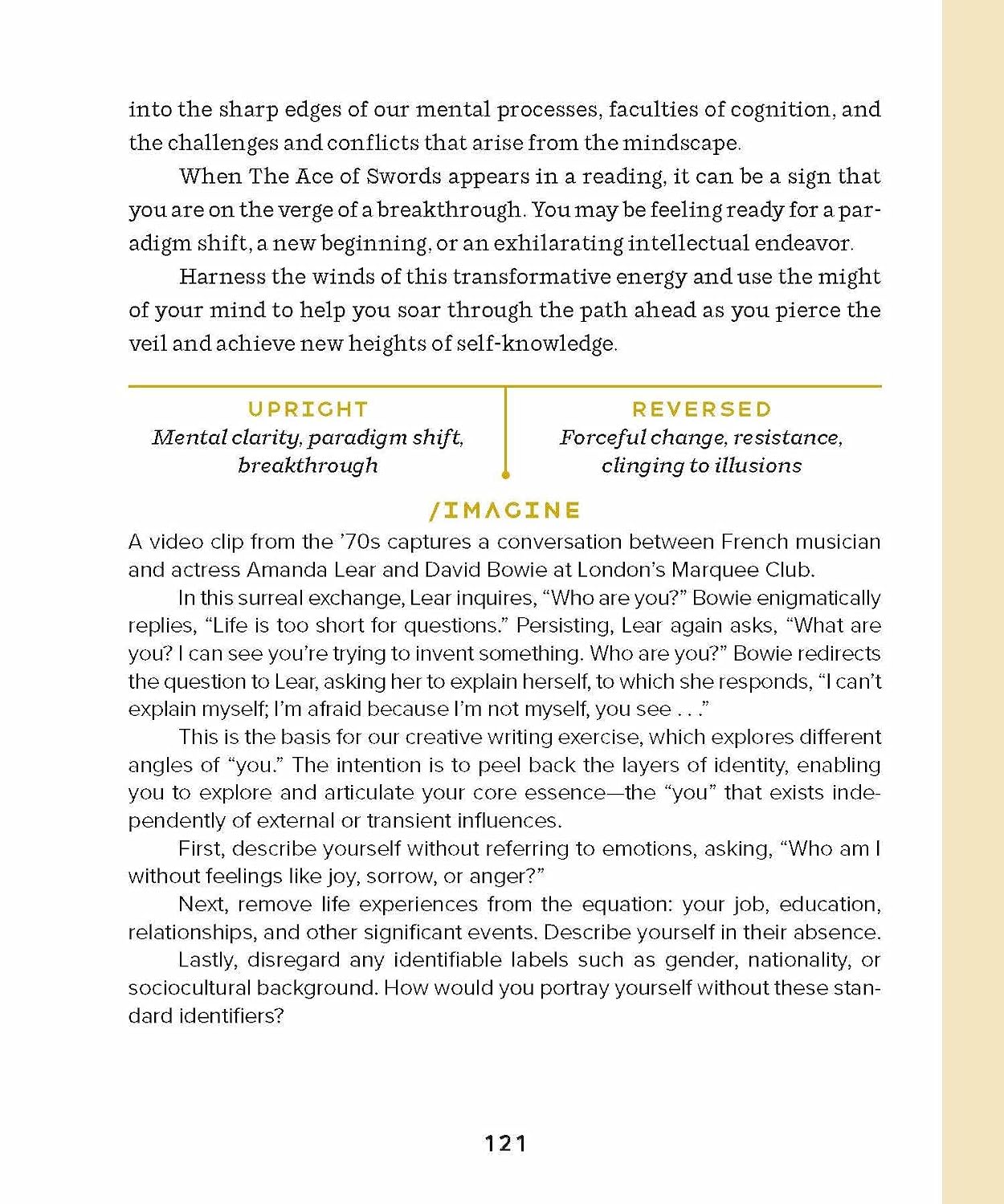 A printed page with a cream background and black text, featuring a yellow vertical divider and two columns of paired words under the headings UPRIGHT and REVERSED. The page number 121 appears at the bottom right.