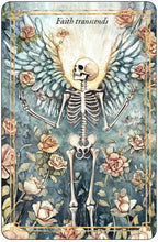 Skeletal figure with floral elements and text 'Faith transcends' on a blue background