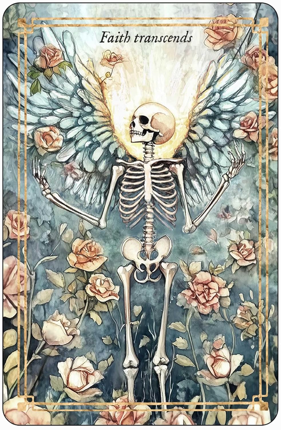 Skeletal figure with floral elements and text 'Faith transcends' on a blue background