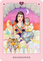 Colorful tarot card featuring a woman with an owl and tiger, labeled 'Boundaries'.