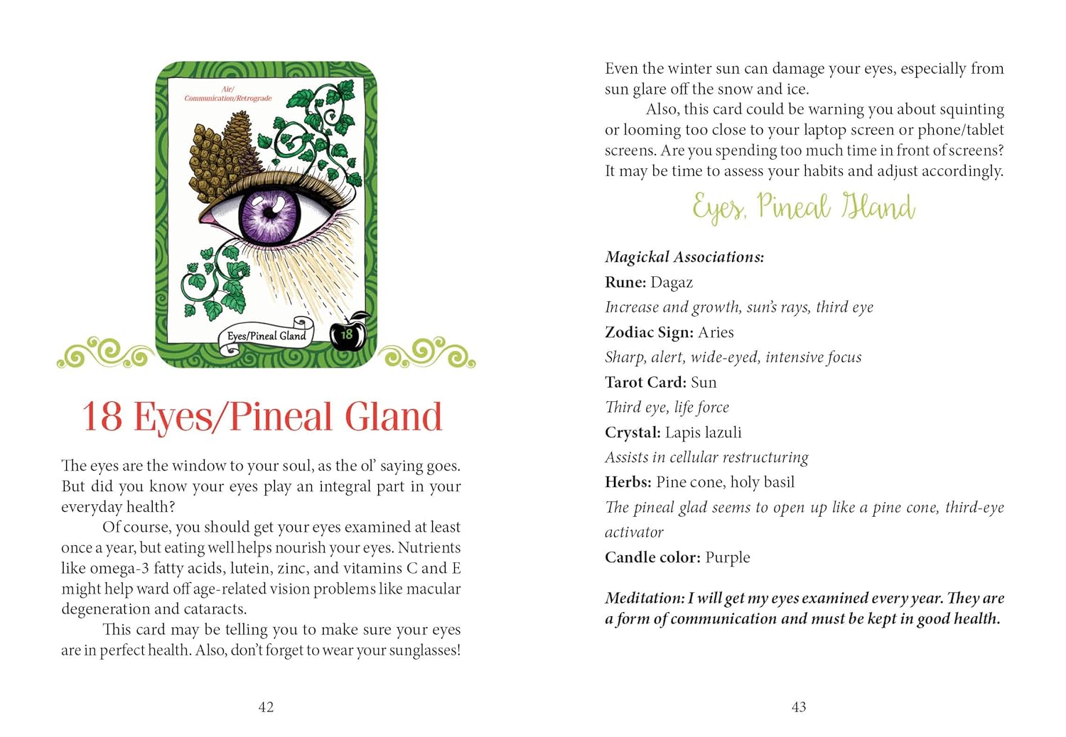 Card with an eye illustration and text about the pineal gland on a white background