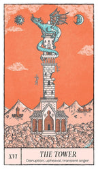 Tarot card titled 'The Tower' with a dragon and castle illustration on an orange background.
