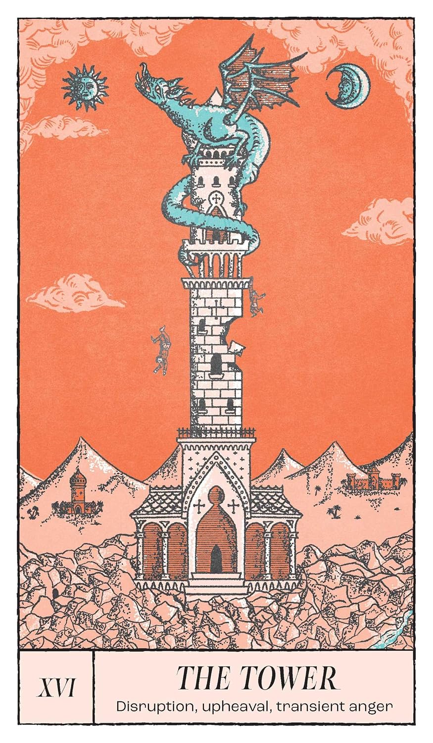 Tarot card titled 'The Tower' with a dragon and castle illustration on an orange background.
