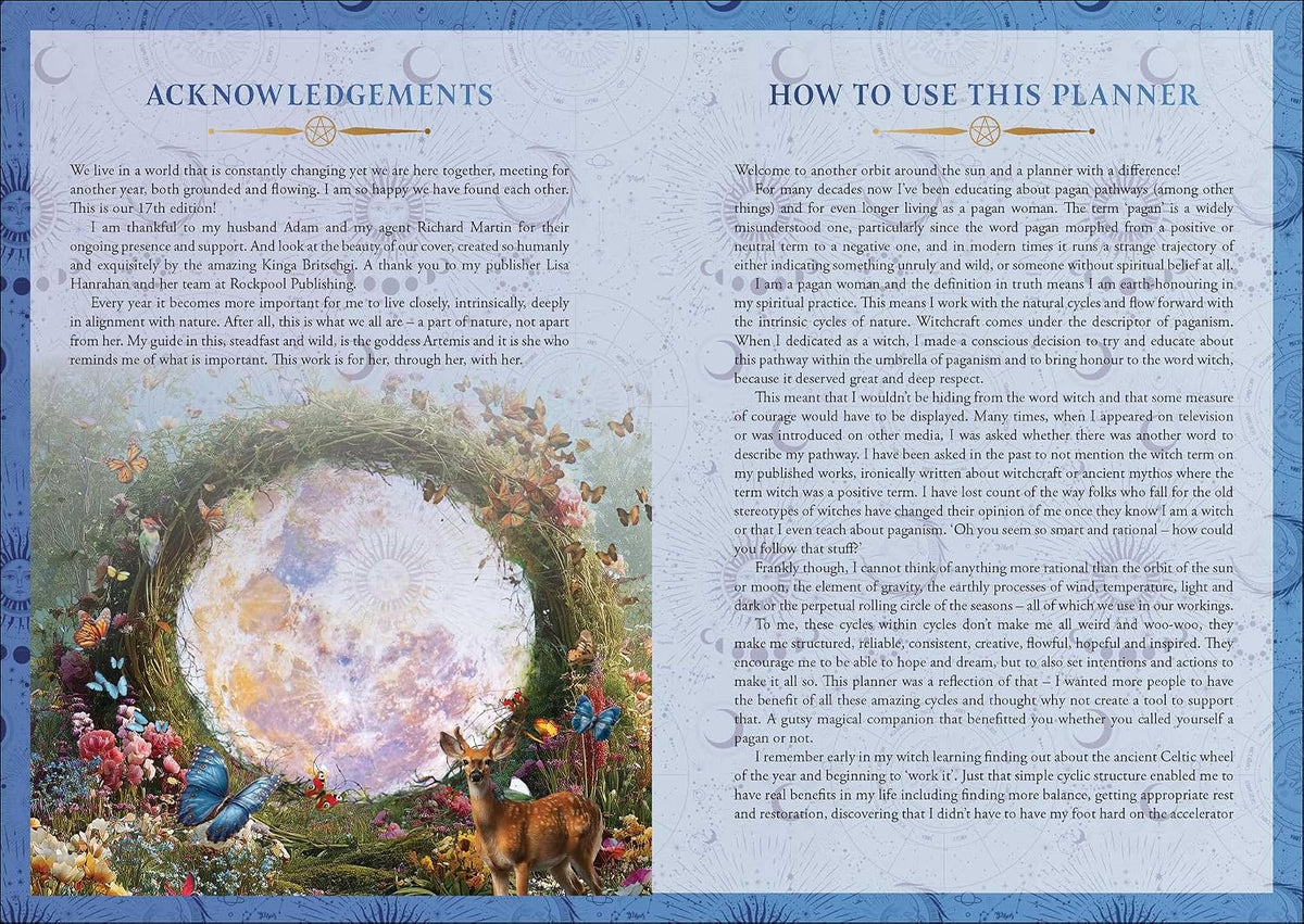 An open book or planner spread showing two pages with decorative blue borders, the left page titled 'Acknowledgements' and the right page titled 'How to Use This Planner,' with small floral illustrations along the bottom.
