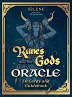 Front cover of the book 'Runes and the Gods Oracle' by Séléné, illustrated by Thyonessa. The cover features a dark blue starry background with a central illustration of a horned goddess figure, framed by an ornate gold border.