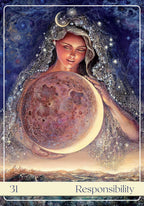 Tarot card with a celestial figure holding a moon, labeled 'Responsibility'.