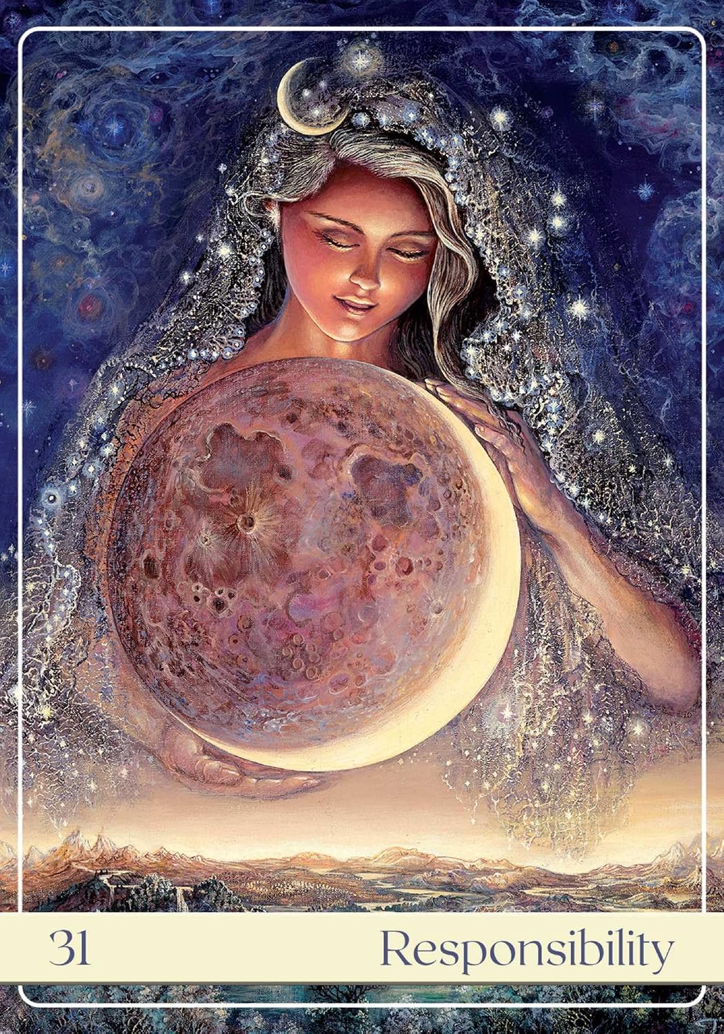 Tarot card with a celestial figure holding a moon, labeled 'Responsibility'.