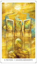 Card featuring three open doors with a person inside, set against a yellow and green abstract background.