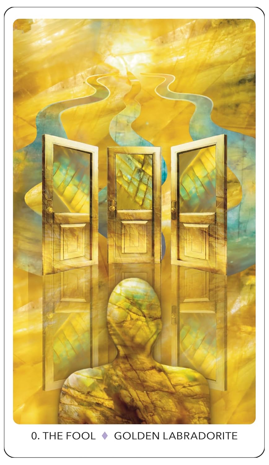 Card featuring three open doors with a person inside, set against a yellow and green abstract background.