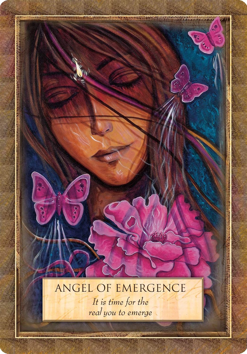 Artistic depiction of a woman with butterflies and flowers, titled 'Angel of Emergence'.
