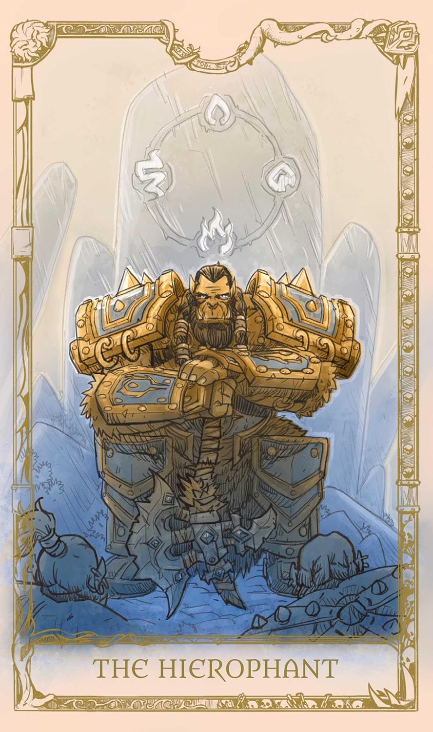 Card featuring a character in armor with a blue and gold color scheme, labeled 'The Hierophant'.