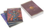Card game with colorful cards featuring a character and a purple box on a white background