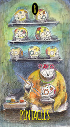 Card from a tarot deck titled 'Pentacles' featuring skulls and a person with a skull on their head.