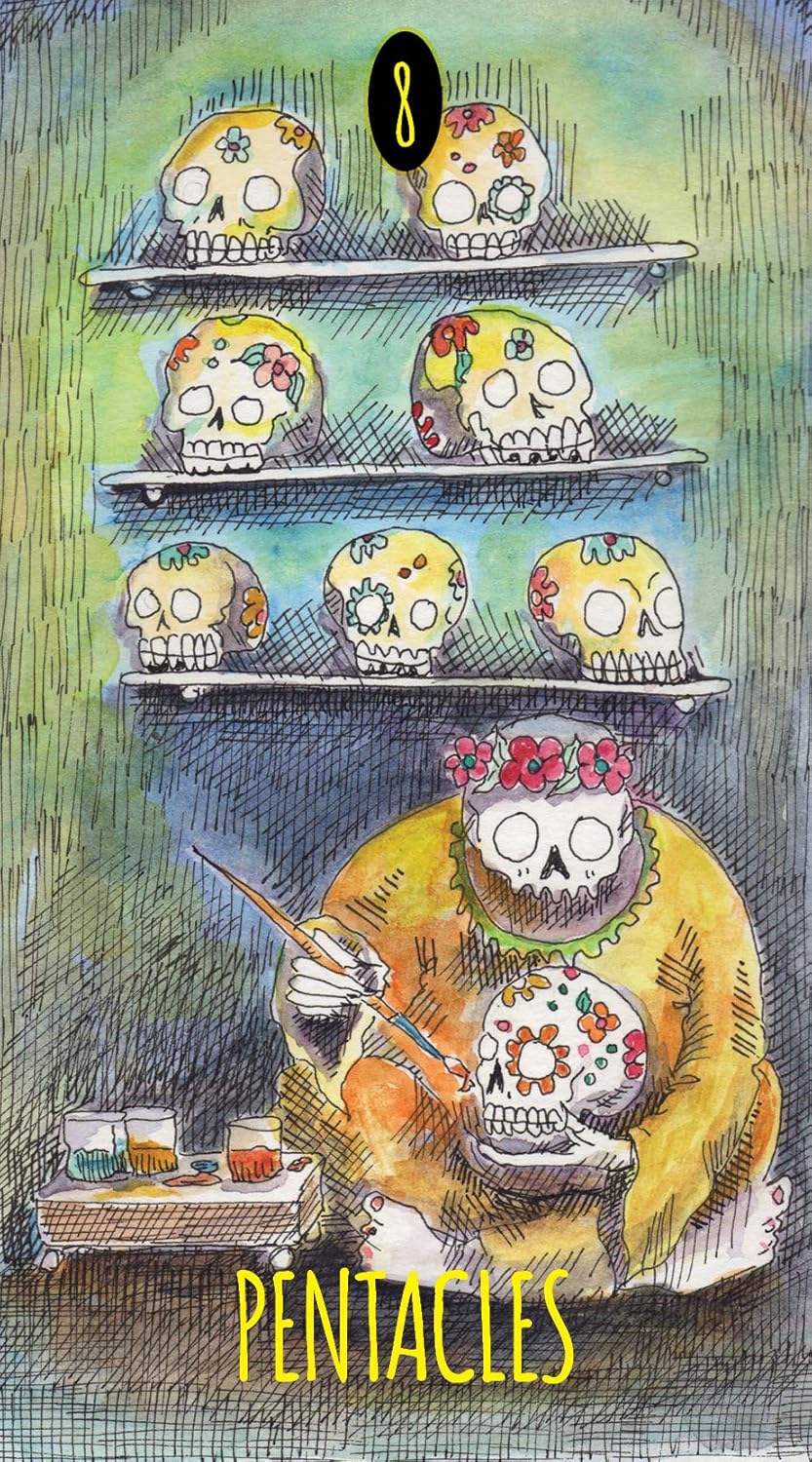 Card from a tarot deck titled 'Pentacles' featuring skulls and a person with a skull on their head.