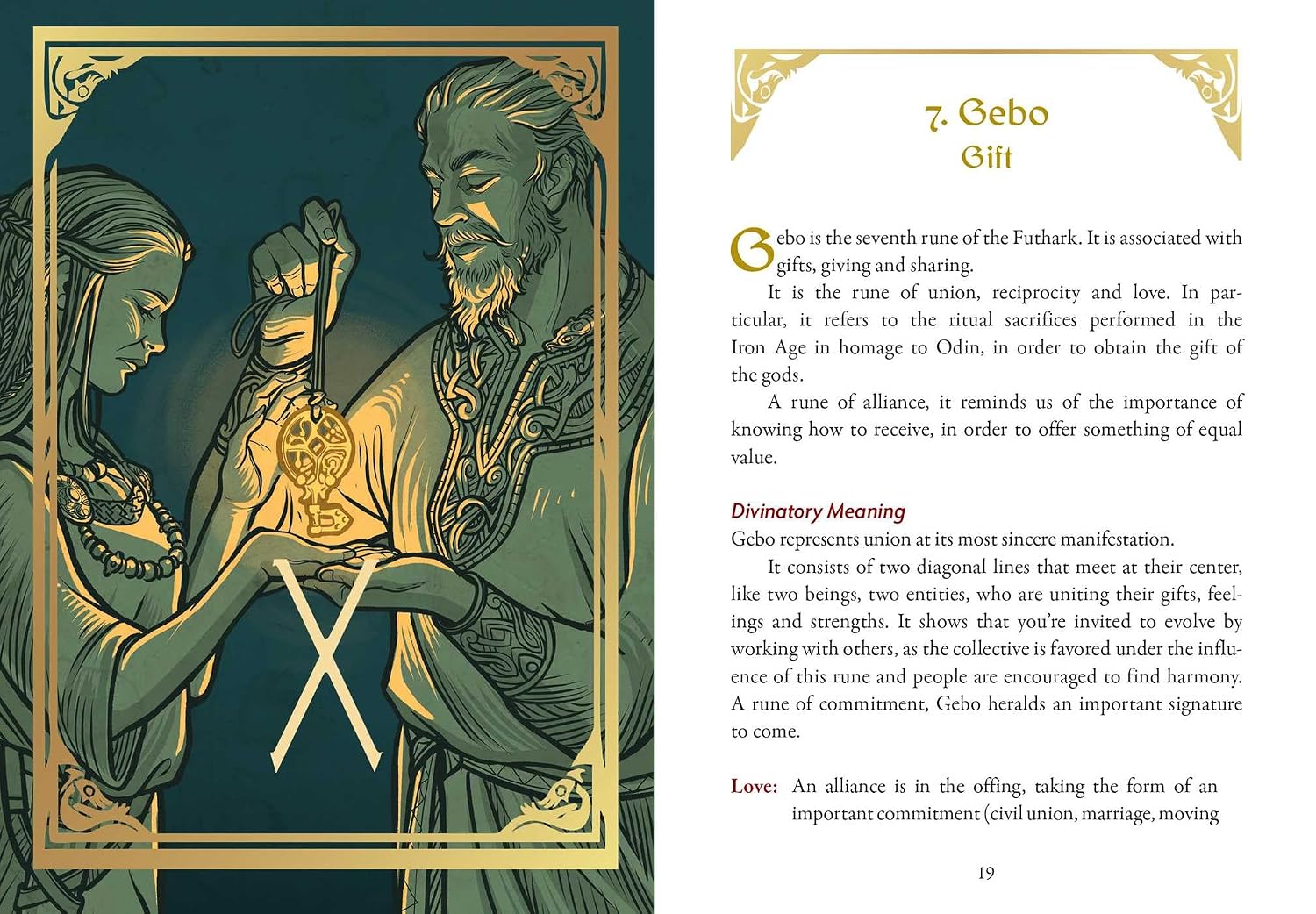 An open book spread showing a decorative illustration on the left page and a text page on the right page about Gebo Gift, with ornate gold borders and black text on a white page.