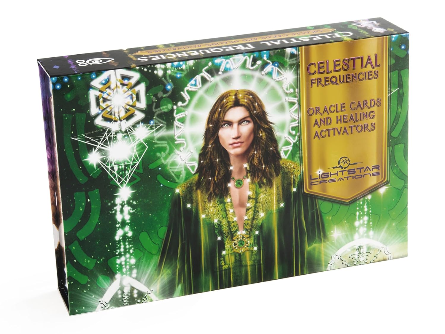 Box of 'Celestial Frequencies' Oracle Cards with a woman in a green robe on a white background