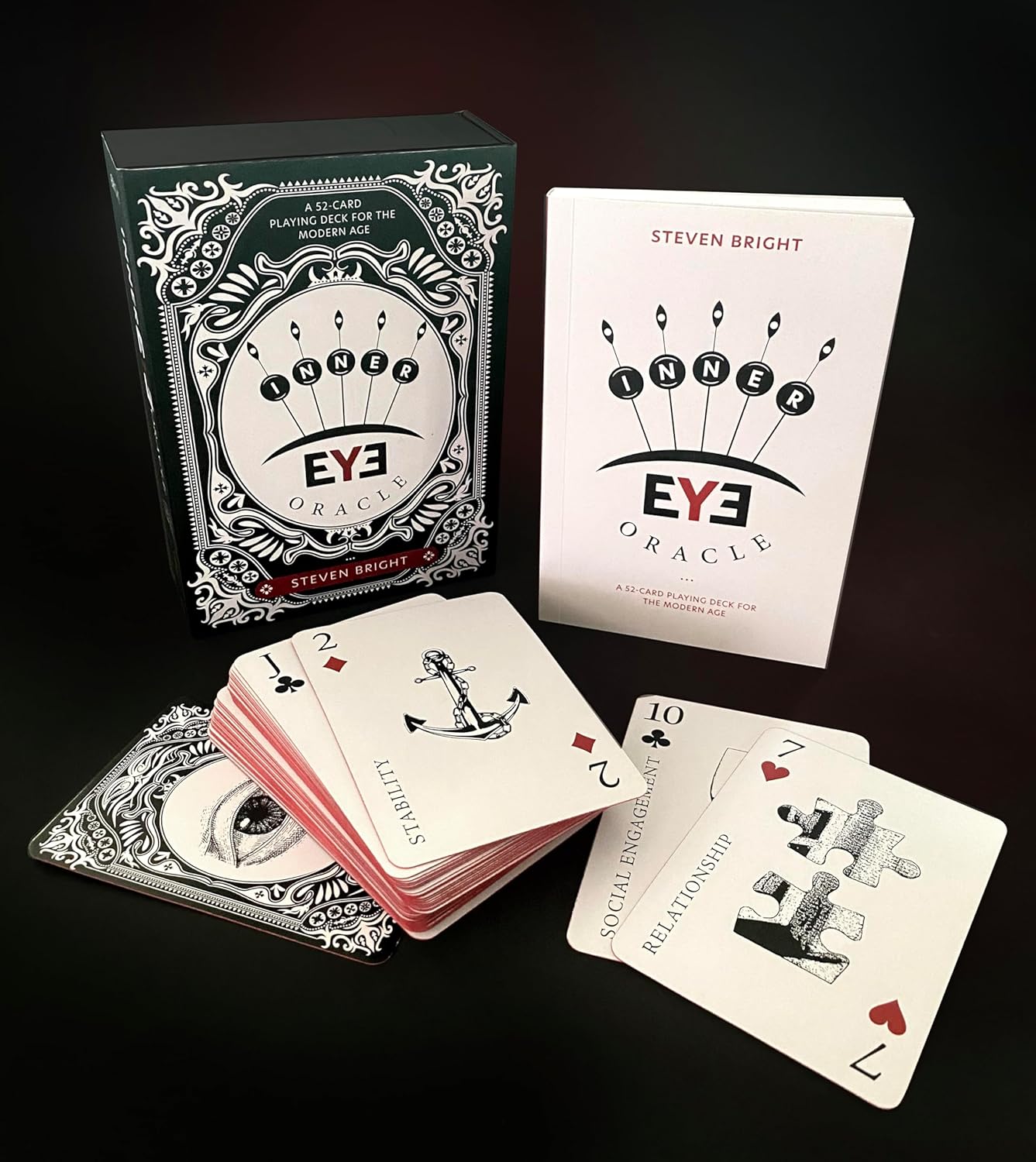 Playing cards with 'Inner Eye Oracle' packaging on a dark background