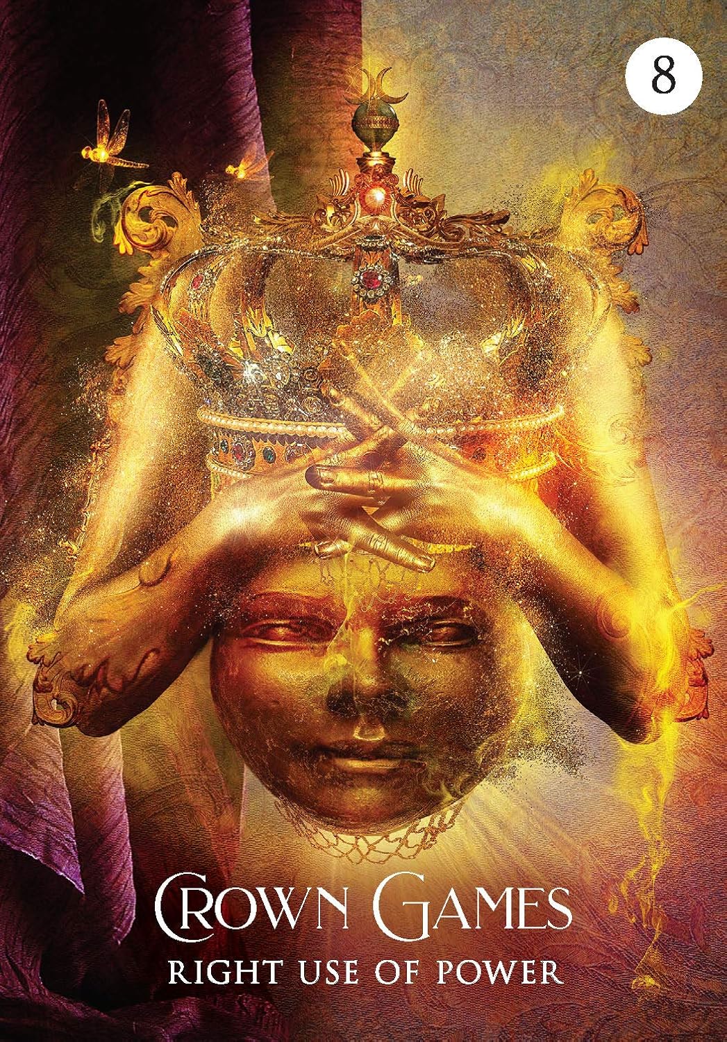 Book cover of 'Crown Games' with a golden crown and hands, featuring the number 8.