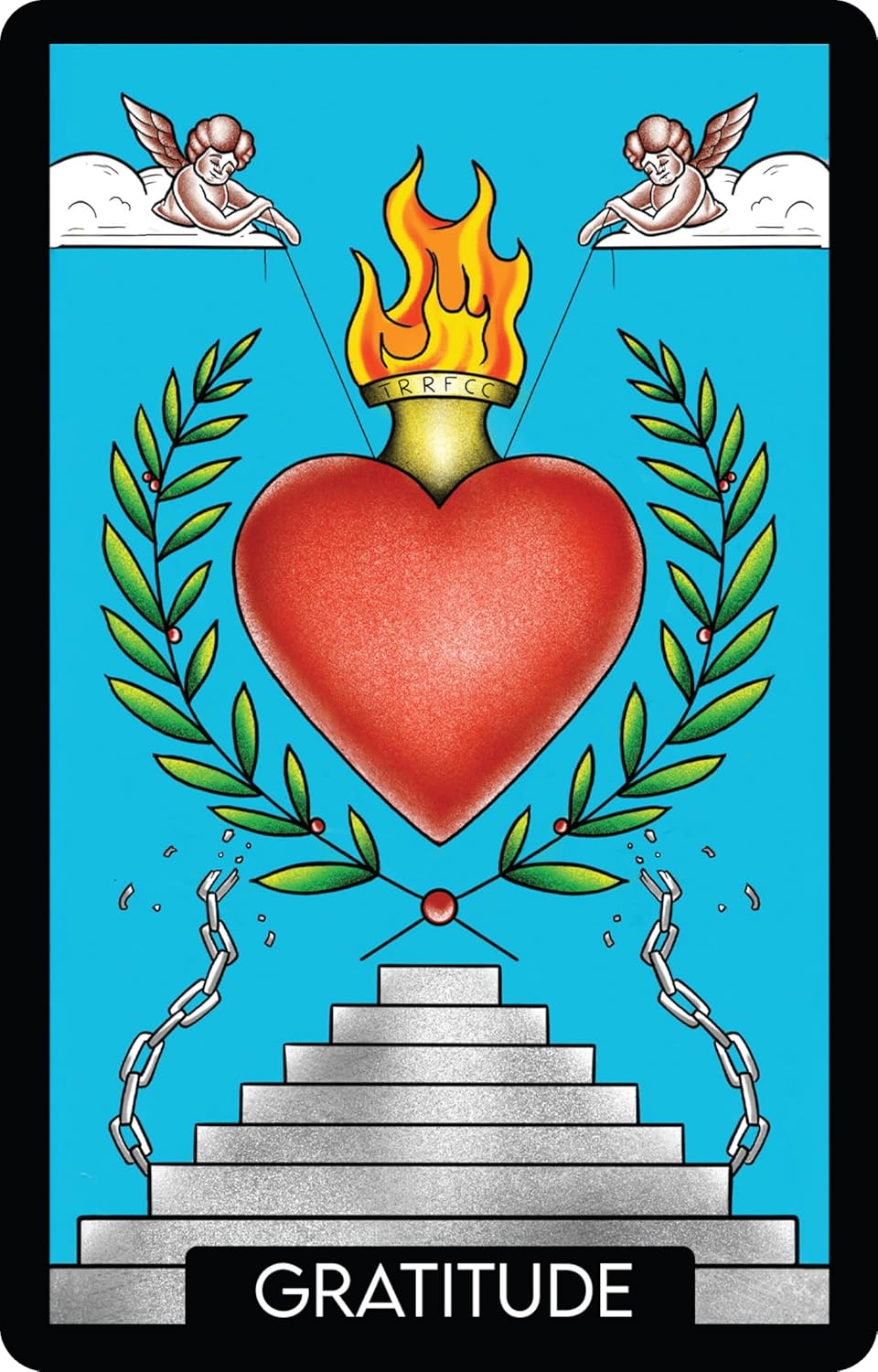 Card with a red heart, flames, and cherubs on a blue background, labeled 'Gratitude'.