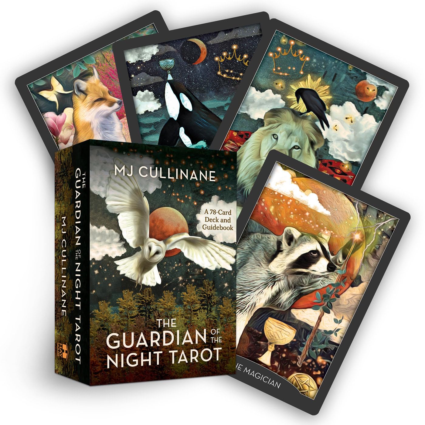 Set of tarot cards with 'The Guardian of the Night Tarot' box featuring animal illustrations.
