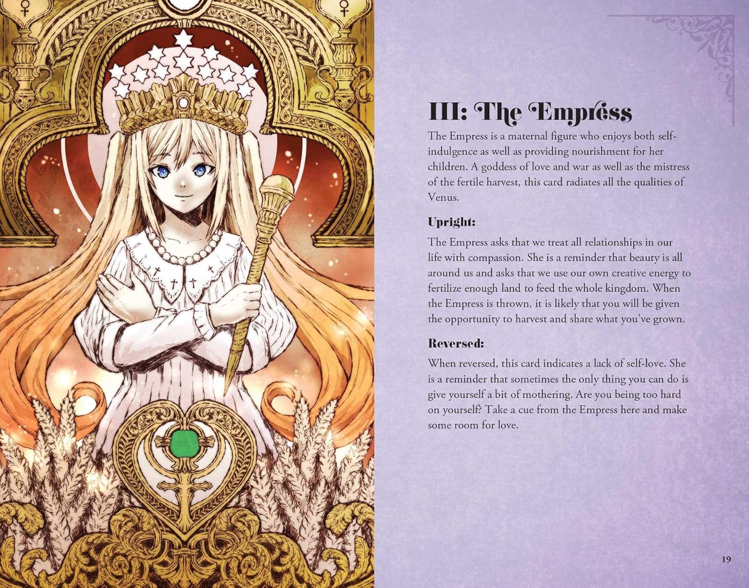 Illustration of a character with long hair and a crown, holding a staff, on a decorative card with text.