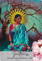 Woman in a colorful saree with a sun symbol above her head, surrounded by nature.