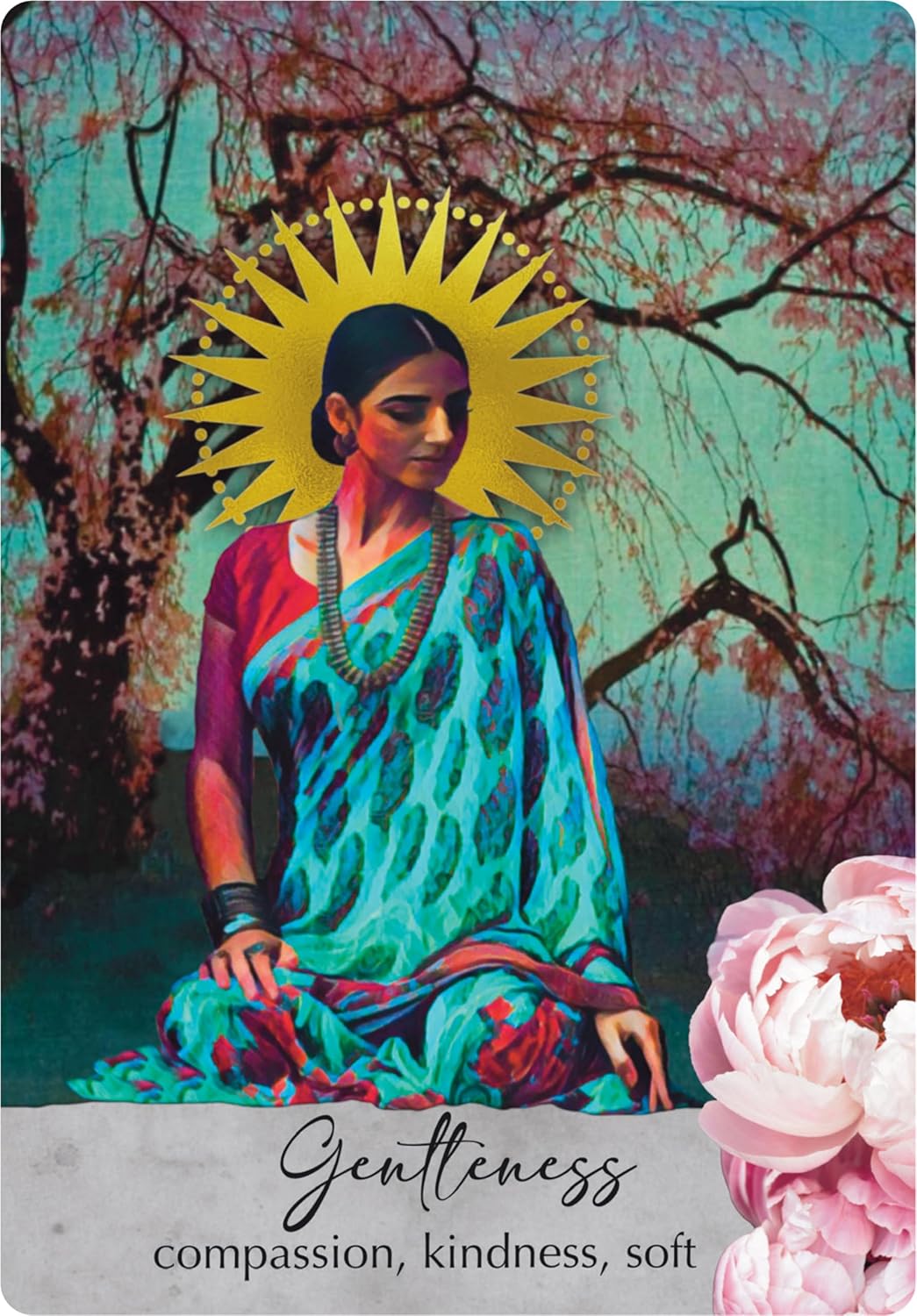 Woman in a colorful saree with a sun symbol above her head, surrounded by nature.