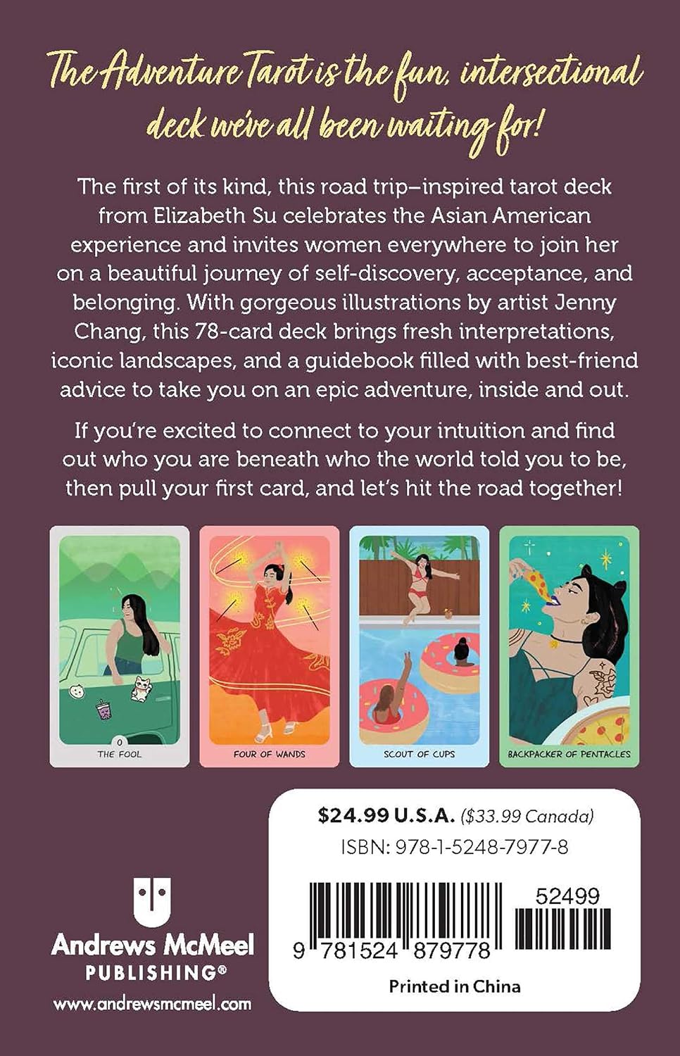 Back cover of the Adventure Tarot deck by Andrews McMeel Publishing, featuring a dark plum background with gold title text, descriptive copy, four illustrated tarot cards, and a white barcode price box.