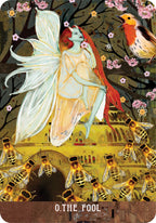 Card featuring a fairy, bees, and a bird with a mystical background