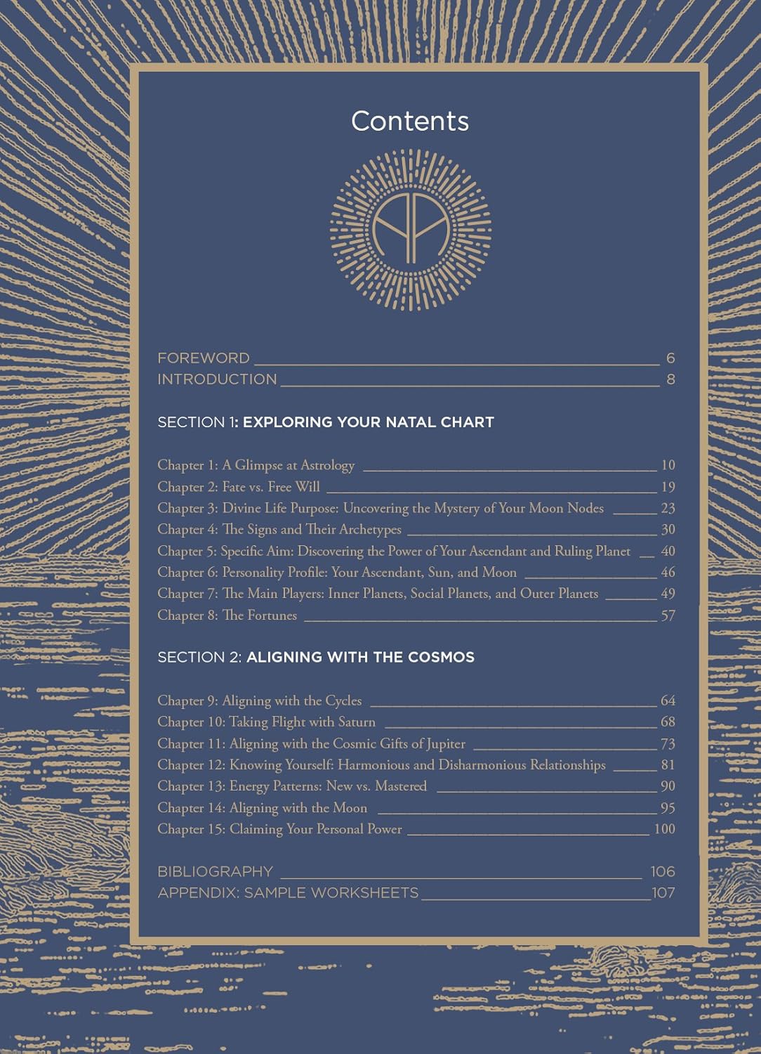 Table of contents for a book on astrology with a blue and gold design.