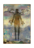 Tarot card titled 'Shadow Self' with a silhouette of a person and geometric symbols on a multicolored background.