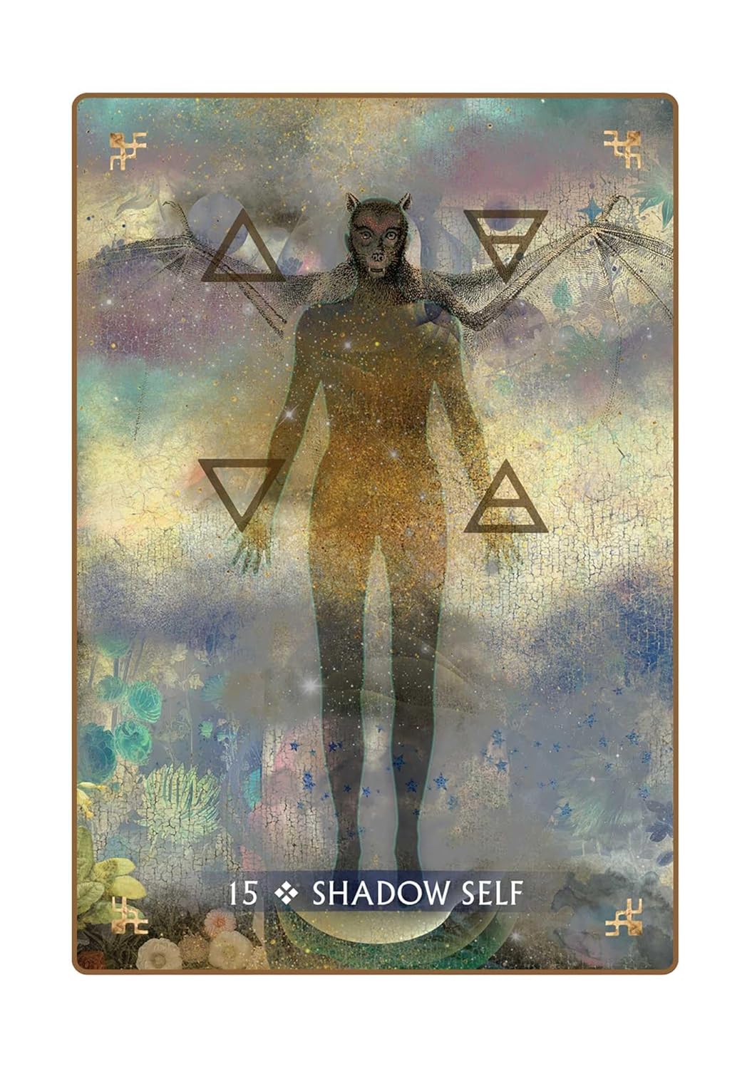 Tarot card titled 'Shadow Self' with a silhouette of a person and geometric symbols on a multicolored background.