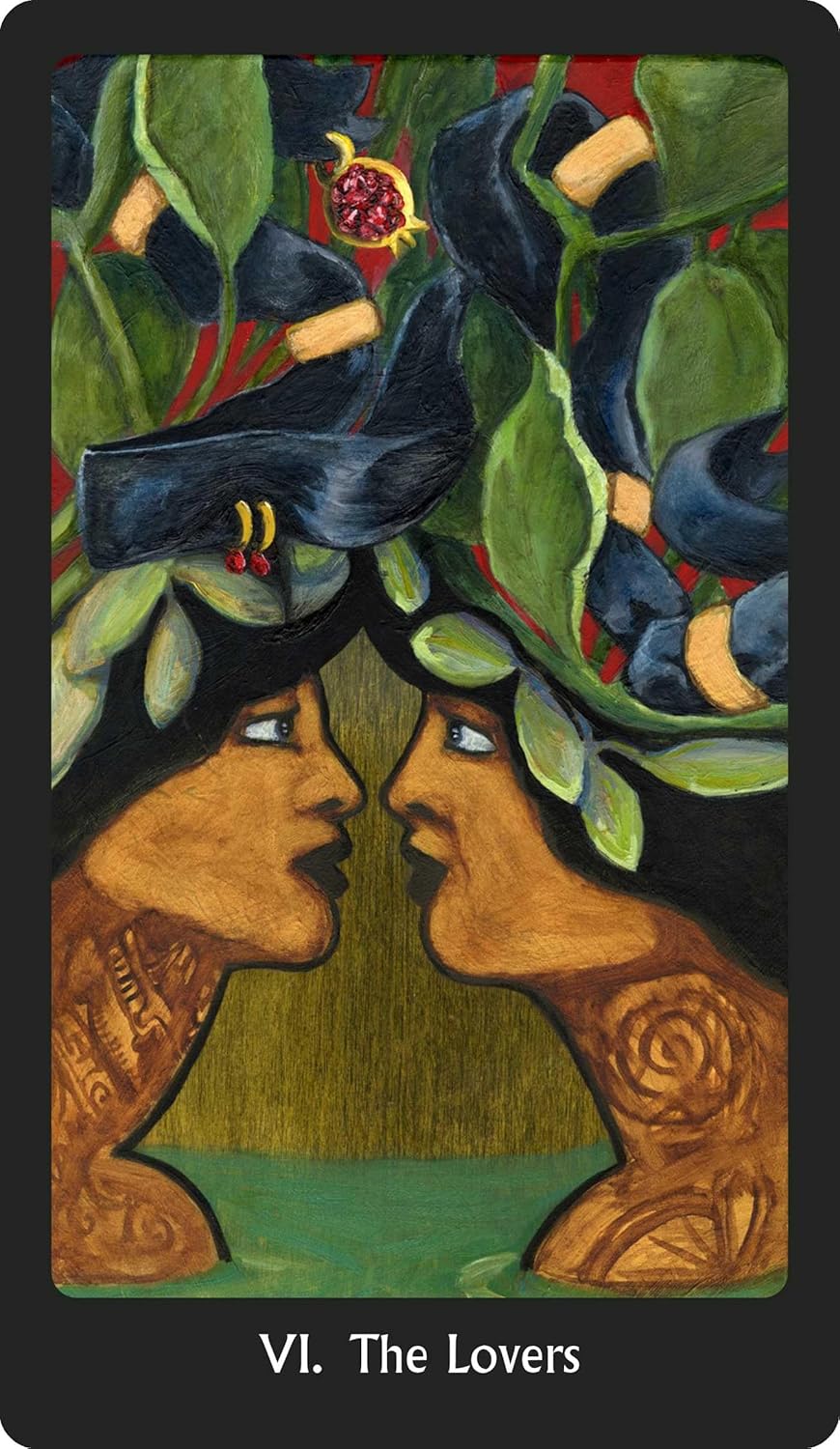 Card titled 'The Lovers' featuring two faces facing each other with leaves and flowers.