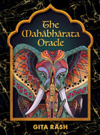 Book cover of 'The Mahabharata Oracle' with a colorful elephant design on a black marble background.