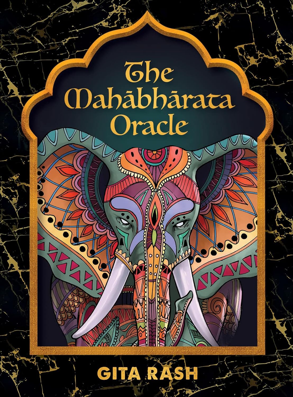 Book cover of 'The Mahabharata Oracle' with a colorful elephant design on a black marble background.