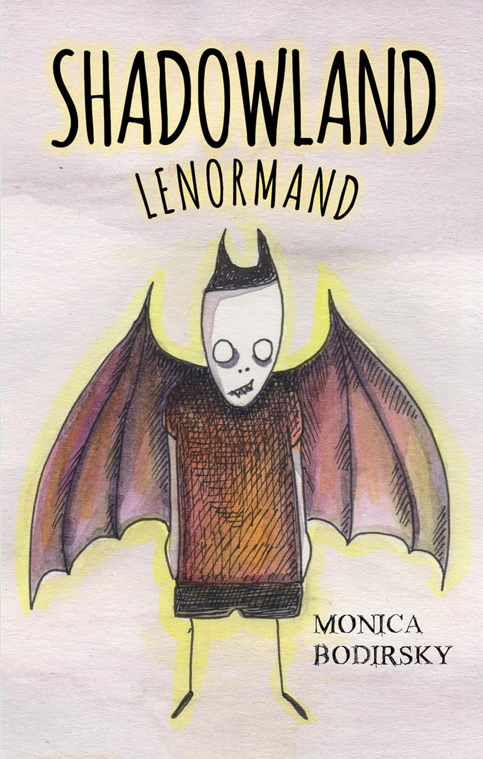 Book cover of 'Shadowland Lenormand' by Monica Bodirsky with a bat-like character illustration.