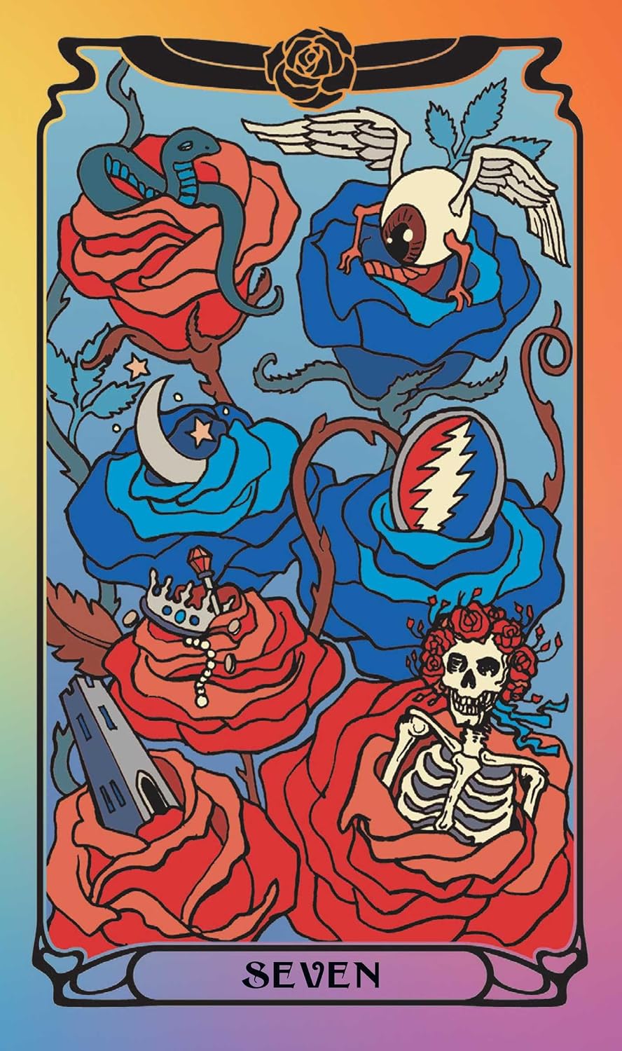 A stylized tarot card illustration labeled 'SEVEN' at the bottom, featuring red and blue roses, a snake, a winged skull, a crescent moon, a Grateful Dead-style lightning-bolt medallion, a crown, a tower, and a skeleton with red hair against a rainbow gradient background.