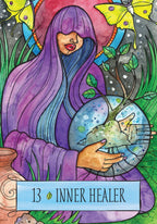 Illustration of a person with long purple hair holding a crystal ball with a unicorn inside, surrounded by butterflies and plants, labeled '13 Inner Healer'.