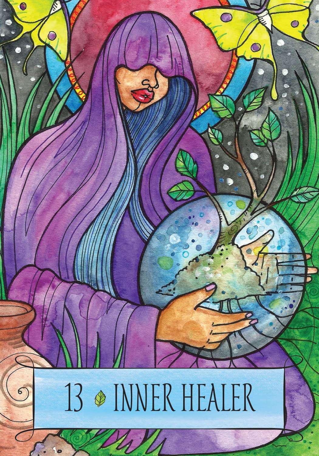 Illustration of a person with long purple hair holding a crystal ball with a unicorn inside, surrounded by butterflies and plants, labeled '13 Inner Healer'.