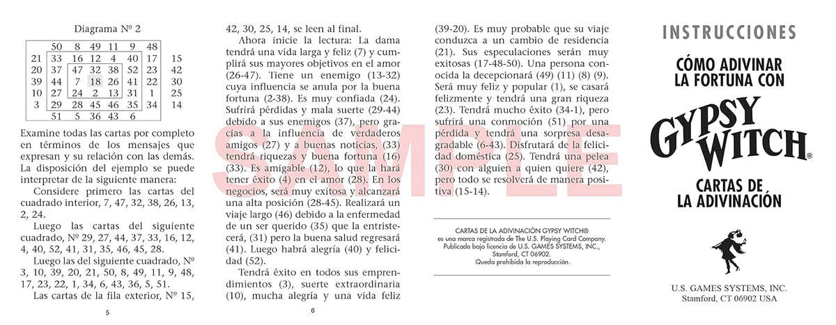 Spanish instructions and reference card page for a 'Gypsy Witch' divination card deck by U.S.