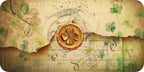 Decorative design with a four-leaf clover seal, shamrocks, and vintage text on a beige background.