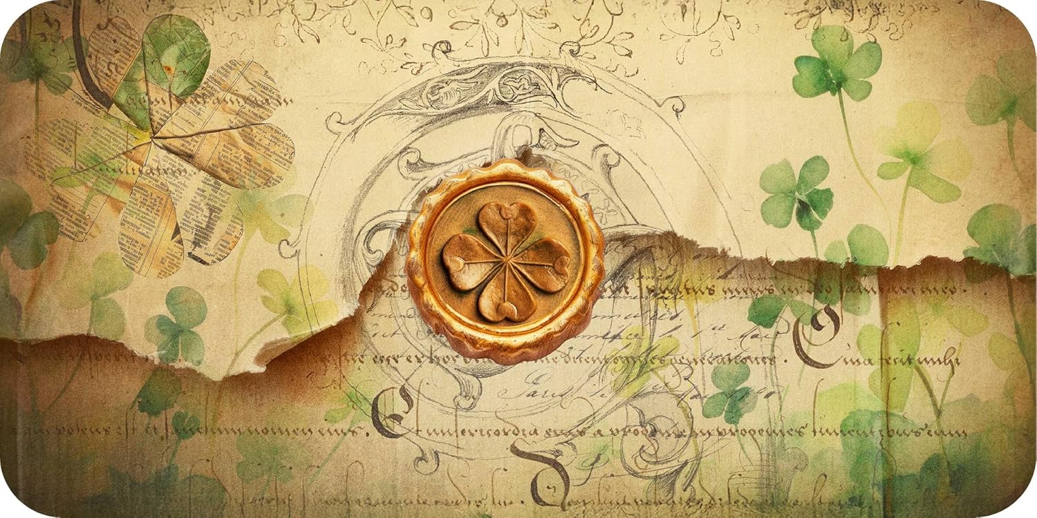 Decorative design with a four-leaf clover seal, shamrocks, and vintage text on a beige background.
