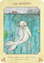 A card titled '35. water' with an illustrated underwater scene showing a seal swimming among lily pads and kelp in turquoise water, on a beige card with decorative text at the top and bottom.